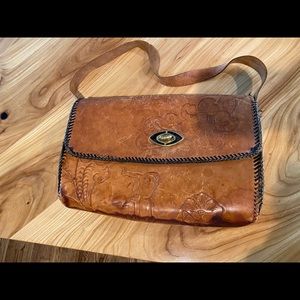 SOLD Vintage, embossed handmade leather bag. Crocodile skin interior